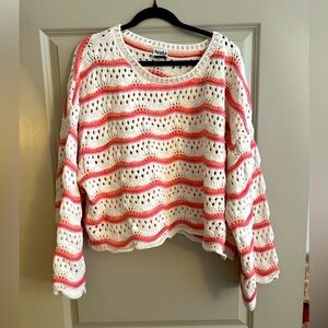 ARULA White and Pink Striped Crochet Women's Sweater